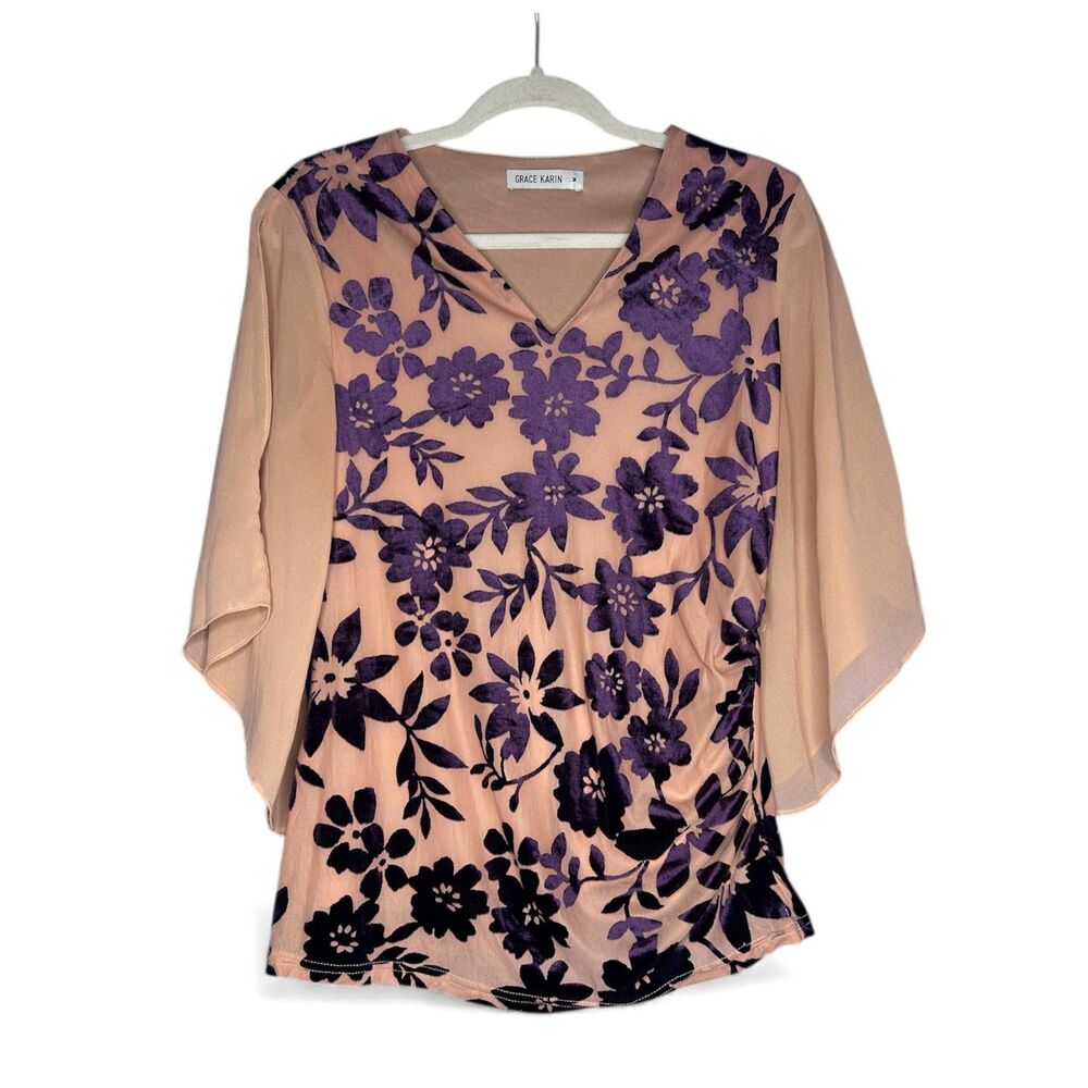Grace Karin Women's Floral‎ Sheer Velvet Burnout Fairy Blouse Flowy Flare Sleeve